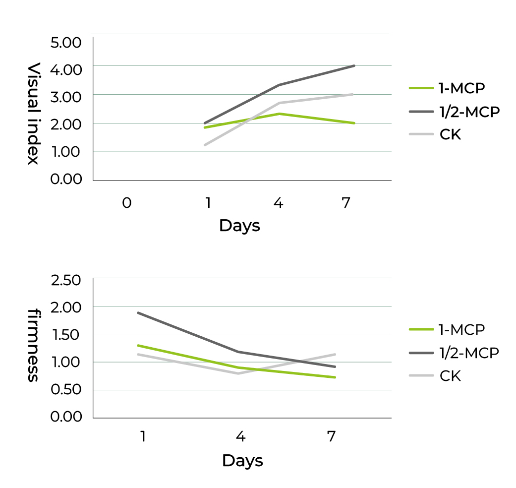 Changes in appearance index (A) and firmness (B) of ripened Kent mangoes treated with 1-MCP